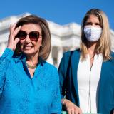 House Speaker Nancy Pelosi, D-Calif., conducts a news conference on the abortion rights bill outside of the Capitol on Friday. Reps. Lori Trahan, D-Mass., and Lizzie Fletcher, D-Texas, right, also appear. (Tom Williams/CQ Roll Call)