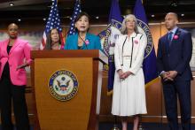 Task Force Chair Judy Chu speaks at press conference.